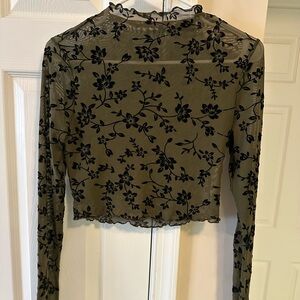 Floral Sheer Green Top with Black Velvet Burnout Design